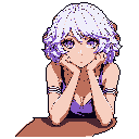 This pixel art portrait captures a contemplative woman with short, lavender curls and striped armbands, gazing thoughtfully with her chin resting on her hands. Set against a stark black background, her muted color palette and soft expression create a calm and introspective mood.