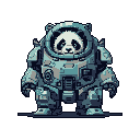 A pixelated panda, both cute and powerful, is ready for space in its futuristic astronaut suit. The stoic, armored panda stands out against a stark black background, blending whimsy with sci-fi adventure.