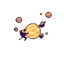 This pixel art image showcases a vibrant, striped yellow-orange planet or star being impacted by dark purple cosmic energy. Smaller, similar planets orbit nearby in the vast, black void. The scene evokes a sense of cosmic wonder and dynamic celestial activity.