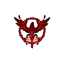 A striking pixel art emblem features a stylized red and off-white bird-like creature, possibly a phoenix or eagle. The symmetrical design, with sharp wings and horn-like protrusions, projects an intense and powerful visual against the black background.