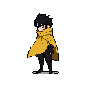 A lone figure with striking yellow eyes is depicted in pixel art, cloaked in a vibrant mustard-yellow poncho against a stark black background. The character, clad in dark attire, holds a mysterious object and exudes an aura of quiet strength and readiness.