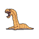 This pixel art depicts a menacing, serpentine creature with bared fangs, poised to strike or roar. Its earthy tones and aggressive posture against a stark black background create a primal and unsettling image.