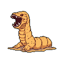 A monstrous, worm-like creature with a gaping maw full of sharp teeth emerges from the dust. This unsettling pixel art evokes a sense of primal fear with its detailed shading and menacing form.