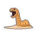 A monstrous, sandy-hued worm bursts from the ground, its fanged maw open in a pixelated roar. The creature's aggressive posture and sharp teeth create a sense of immediate threat.