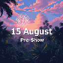 A pixelated tropical sunset sky explodes with fireworks, hinting at a celebratory "15 August Pre-Show" event. Silhouetted palm trees frame the vibrant scene, creating a nostalgic and festive atmosphere.