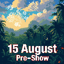 This pixel art image depicts a vibrant jungle scene at dusk, featuring pixelated fireworks bursting in the twilight sky. Superimposed over the jungle foliage is the text "15 August" and "Pre-Show," hinting at a festive event.