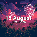 Celebrate "15 August" with this pixel art pre-show, featuring vibrant fireworks illuminating a tropical landscape. The night sky explodes with color above silhouetted palm trees in this festive scene.
