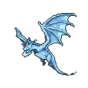 A powerful ice dragon soars through the air, wings outstretched in a dynamic pose. Rendered in cool blues and whites, this pixel art creature exudes strength and icy majesty.