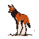 A vibrant, pixelated fox with striking black and white markings is perched atop a jagged white column, captured mid-stretch or preparing to leap. The stylized image focuses on the alert fox against a simple, muted backdrop.