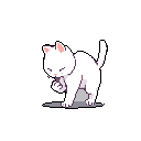A pixelated white cat, delicately shaded in pink and grey, is captured mid-groom, its raised paw suggesting a moment of focused self-care or playful batting. Set against a stark black background, the image exudes a quiet domestic charm.