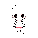This pixel art features a minimalist, chibi-style character base with large, innocent eyes and subtle pink blushes. The white figure stands centered against a stark black background, presenting a blank canvas for customization.