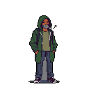 This pixel art portrays a dark-skinned figure in a green hooded jacket, casually smoking a cigarette. The muted colors and shadowed face create a sense of urban anonymity and quiet contemplation.