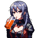This pixel art portrait captures a young woman taking a sip from a vibrant orange drink, her upward gaze and muted color palette creating a cool and slightly mysterious vibe. The detailed rendering brings her thoughtful expression and subtle features to life.