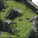 This pixel art scene captures the serene decay of ancient ruins, where crumbling stone structures are being reclaimed by lush vegetation. An isometric view highlights the overgrown central area framed by remnants of staircases and columns, evoking a sense of historical depth and nature's enduring power.