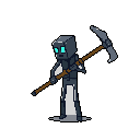 A mysterious, armored robotic figure stands ready with a large pickaxe. The stark design features glowing aqua eyes that pierce the darkness, hinting at a purpose of mining or combat.