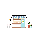 This charming pixel art depicts a small, inviting storefront with a striped awning, hinting at a beverage or goods vendor. Details like a fire hydrant and potted plant add to the nostalgic atmosphere of this quiet neighborhood shop.