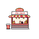 This pixel art image showcases a charming ice cream stand with a red and yellow striped awning, promising "Fresh Ice Cream" in pixelated letters. The nostalgic, brightly colored design evokes a sense of simple summer joy.