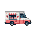 This pixel art image showcases a charming, vintage ice cream truck rendered in soft pastel colors. The white and pink truck, complete with a candy-cane striped awning, evokes a sense of nostalgic sweetness and retro charm.