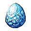 A large, textured, egg-like shape rendered in cool blue and white tones dominates the frame, its rough surface and bright highlights creating a mysterious and organic feel.