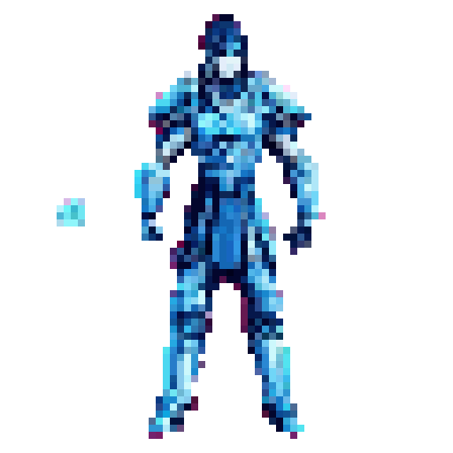 A pixel art knight in detailed blue armor stands guard, projecting strength and stoicism.