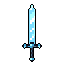 This pixel art showcases a magical, light-blue ice sword with a detailed hilt, presented against a stark black background. The design evokes a sense of icy power and fantastical wonder.