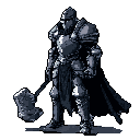 A pixel art knight stands ready, his imposing figure clad in heavy armor and wielding a massive war hammer. The somber color palette and detailed shading emphasize the warrior's strength and stoicism.