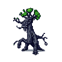 A grotesque, animated tree creature with glowing green leaves and multiple eerie eyes dominates the image, its gnarled form hinting at ancient, malevolent forest magic. This unsettling pixel art monster, poised as if to strike, evokes a sense of corrupted nature and dark fantasy.