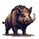 This pixel art image captures a fierce wild boar in striking detail, its glowing eyes and prominent tusks conveying a sense of untamed power. The robust creature, rendered in a monochromatic palette, stands ready against a stark black background. Its formidable presence evokes a classic video game boss, radiating raw strength and wildness.