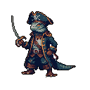 A pixelated pirate lizard stands ready for adventure, brandishing a rapier and sporting a skull-adorned tricorn hat. This uniquely-dressed reptile blends a regal color scheme with a slightly menacing air.