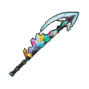 This pixel art showcases a fantastical, floating polearm with a glowing cyan blade and a dark hilt adorned with vibrant crystalline growths. The weapon's detailed design and jewel-toned embellishments evoke a sense of magic and wonder.