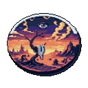 A lone, gnarled tree stands silhouetted against a vibrant sunset, with a spectral form suspended from its branches, all watched over by a large, ominous eye in this surreal pixel art creation. The image evokes a sense of cosmic mystery and melancholic beauty within a dreamlike landscape.