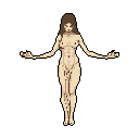 This pixel art depicts a slender, nude woman with outstretched arms against a black background, creating a serene and mysterious vibe. Rendered in a limited earthy palette, her open pose and neutral expression evoke vulnerability and stoicism. The stark background emphasizes her isolation and iconic presence.