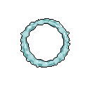 A glowing, light blue ring of swirling energy dominates this pixel art image, its textured form radiating power and mystery against a stark black background. The limited, cool-toned palette emphasizes the ring's luminosity, creating a vibrant and elegant focal point.
