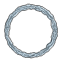 A swirling vortex of icy blues and greys forms a captivating abstract ring. The pixel art's intricate texture and cool tones evoke a sense of ethereal energy and mysterious power. Set against a stark black background, the ring's dynamic form becomes the focal point.