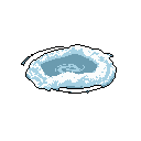 This pixel art features a swirling, blue and white crater or puddle, rendered in a minimalist style against a stark black background. The cool color palette and textured interior create a sense of depth and subtle movement within the abstract form.