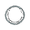 This pixel art depicts a shimmering, light blue and gray ring hovering in a dark void. The minimalist design and subtle color variations create a serene and abstract image, reminiscent of a digital ripple or faint aura.