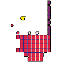 This pixel art features two beige figures standing on a red platform, accompanied by a smaller red figure and a floating yellow block. The minimalist, blocky scene evokes a sense of retro gaming and abstract challenge.