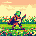A cheerful pixel art frog strolls through a wildflower field, happily strumming a banjo. The scene exudes a whimsical and peaceful vibe.