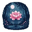 A solitary pink lotus flower blooms in a serene, moonlit forest, its vibrant petals glowing softly against the dark and tranquil night. The pixel art captures a moment of enchanting beauty, with the flower as a beacon of serenity.