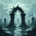 An ancient, vine-covered stone archway stands as a haunting centerpiece amidst murky ruins. This desolate pixel art evokes a sense of mystery and decay, hinting at a long-forgotten world.
