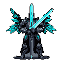 A powerful, obsidian-armored knight stands sentinel against a void, wielding crossed teal swords and sporting glowing, wing-like energy emitters. The figure exudes an aura of immense power and mystery, blending traditional knightly form with futuristic or magical elements.