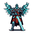 A powerful, pixel-art armored knight stands ready, wielding a glowing sword and bearing striking, crystalline icy wings. The figure exudes an aura of mystical strength and solemnity.