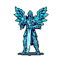 A luminous pixel art knight or angelic warrior stands ready, clad in icy blue armor and wielding a glowing two-handed sword. Feathered wings extend from its back, completing the figure's ethereal and powerful presence.
