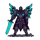A heavily armored, angelic warrior stands ready, wielding a glowing broadsword and radiating power through its crystalline cyan wings. The stoic figure, clad in detailed purple and grey armor, exudes a majestic and formidable presence against a stark black background.