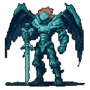 A formidable, winged warrior stands poised for battle, rendered in detailed pixel art with a dark fantasy aesthetic. The imposing figure, clad in teal and blue-grey armor and wielding a massive sword, exudes solemn power against a stark black background.