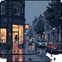 This pixel art scene captures a quiet, rainy city evening with two figures walking along a street lined with cars and illuminated buildings. The image evokes a melancholic mood with its cool color palette punctuated by warm light reflections on the wet pavement.