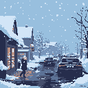A lone figure braves a snowy winter day in this pixel art scene, standing on a snow-covered sidewalk amidst a cityscape painted in cool, muted tones. The image evokes a peaceful, slightly melancholic atmosphere.