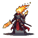 A fiery knight with a flaming head and sword stands poised for action, the vibrant flames contrasting against their dark armor. This pixel art warrior exudes power and a hint of the supernatural.
