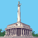 This pixel art showcases a grand, multi-tiered monument with a colonnaded base and towering column, evoking a sense of historical significance. The stone structure is set against a backdrop of lush greenery and a clear blue sky.