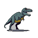 This pixel art depicts a powerful, roaring T-Rex in mid-stride, its teal and gray scales rendered with retro charm. The dinosaur's dynamic pose and open jaws convey a sense of prehistoric menace.